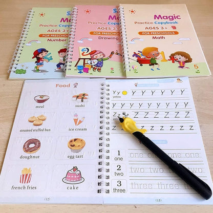Reusable Magic Practice Copy-book ( 4 BOOKS, 1 PEN, 1 GRIP, 10 REFILL