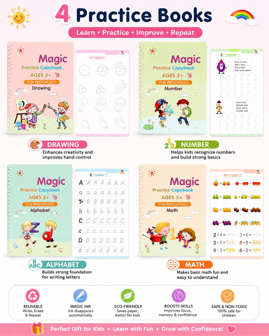 Reusable Magic Practice Copy-book ( 4 BOOKS, 1 PEN, 1 GRIP, 10 REFILL