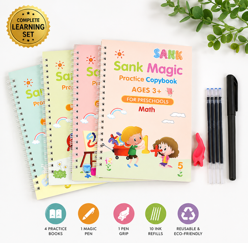Reusable Magic Practice Copy-book ( 4 BOOKS, 1 PEN, 1 GRIP, 10 REFILL