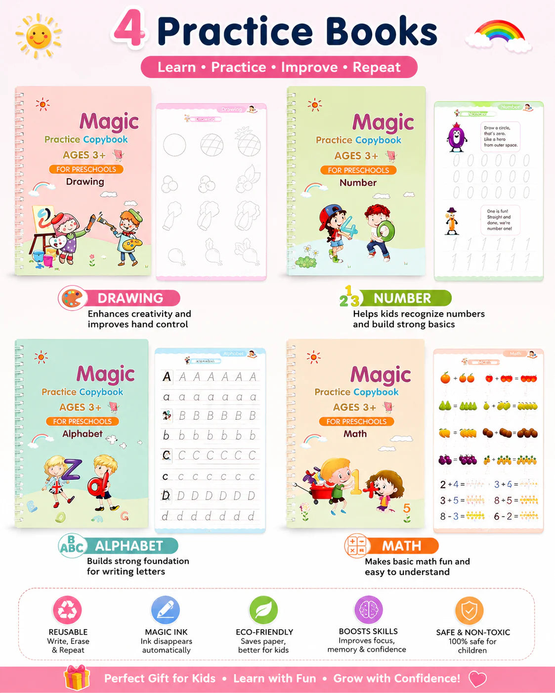 Reusable Magic Practice Copy-book ( 4 BOOKS, 1 PEN, 1 GRIP, 10 REFILL