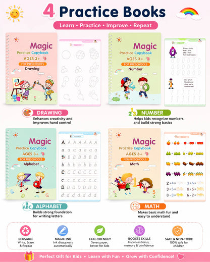 Reusable Magic Practice Copy-book ( 4 BOOKS, 1 PEN, 1 GRIP, 10 REFILL